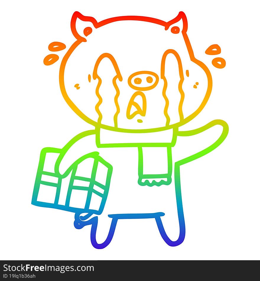 rainbow gradient line drawing of a crying pig cartoon delivering christmas present