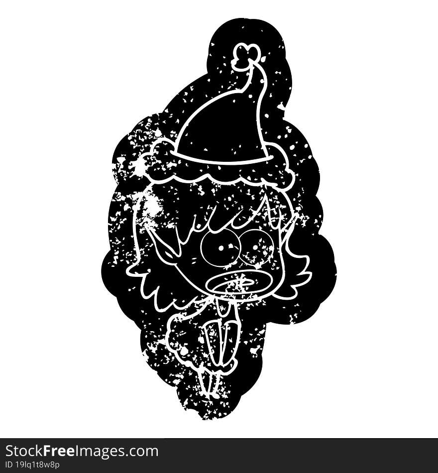 cartoon distressed icon of a shocked elf girl wearing santa hat