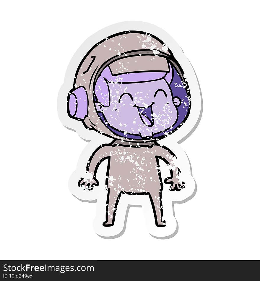 distressed sticker of a happy cartoon astronaut