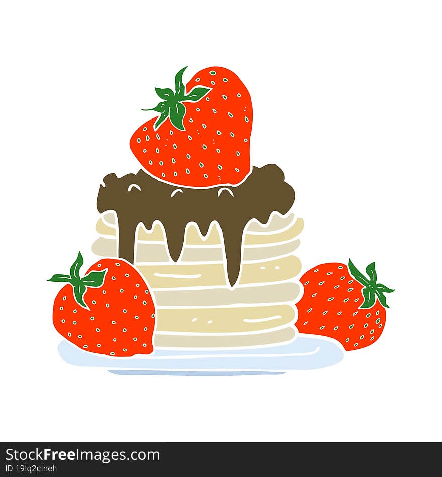 Flat Color Illustration Of A Cartoon Pancake Stack With Strawberries