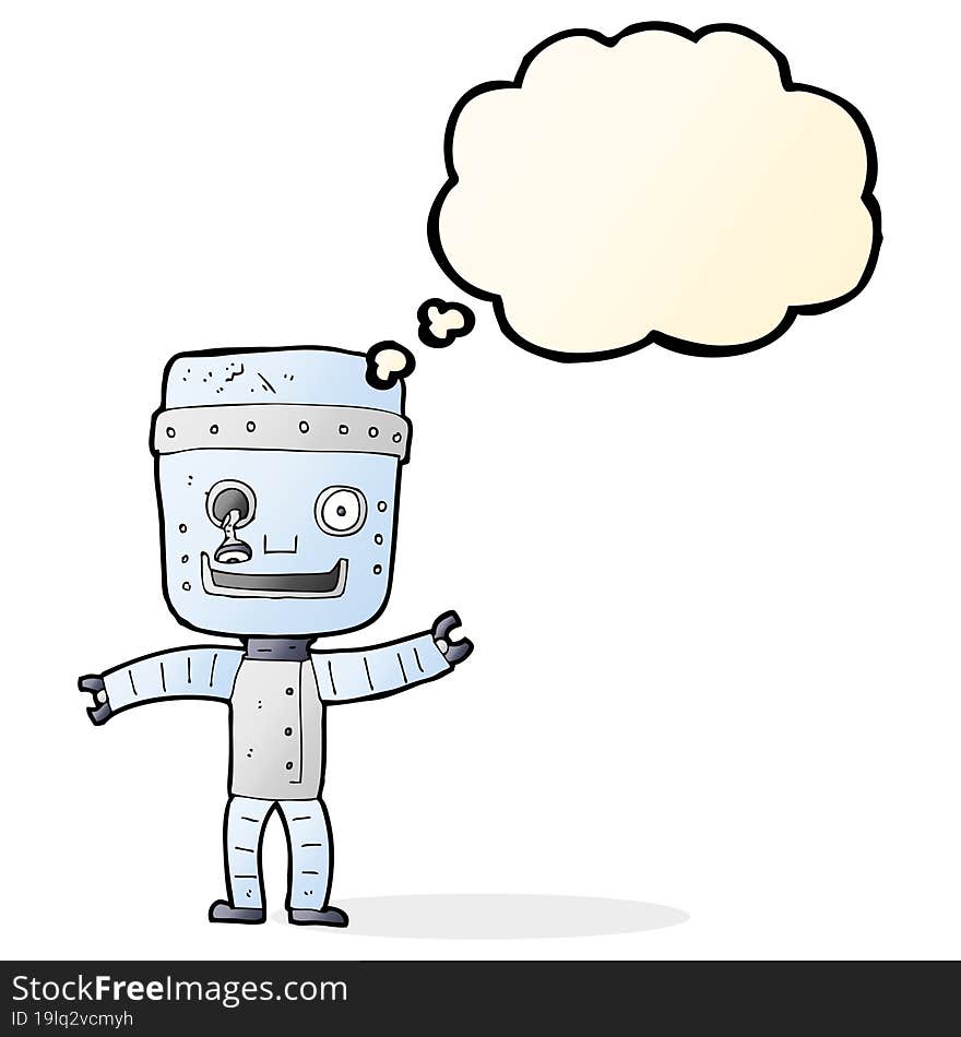 cartoon funny old robot with thought bubble