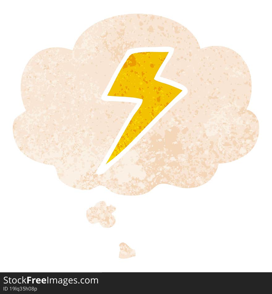 cartoon lightning bolt and thought bubble in retro textured style