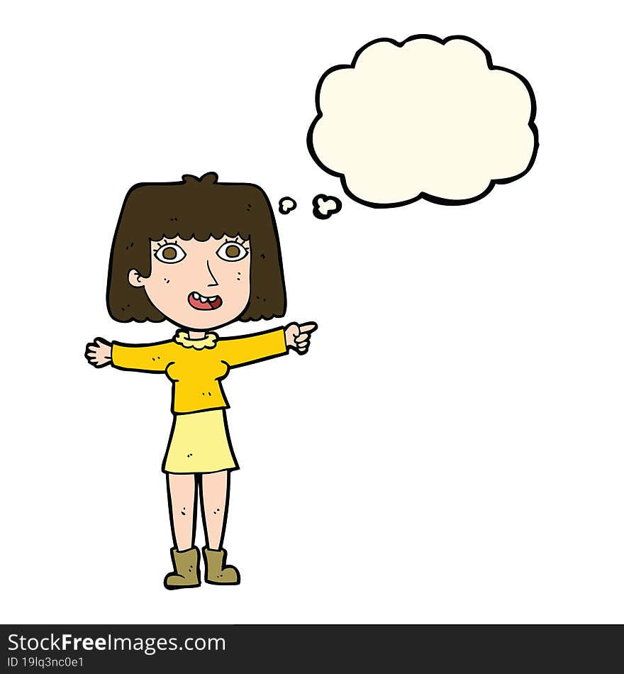 cartoon happy woman pointing with thought bubble