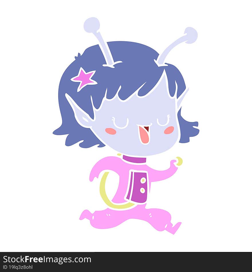 Happy Alien Girl Flat Color Style Cartoon