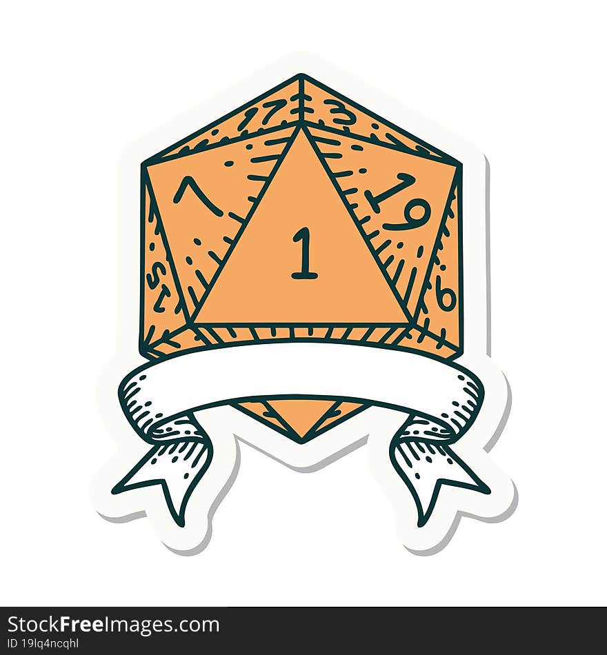 sticker of a natural one d20 dice roll. sticker of a natural one d20 dice roll