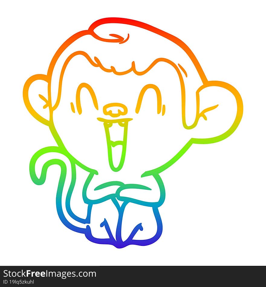 rainbow gradient line drawing of a cartoon laughing monkey