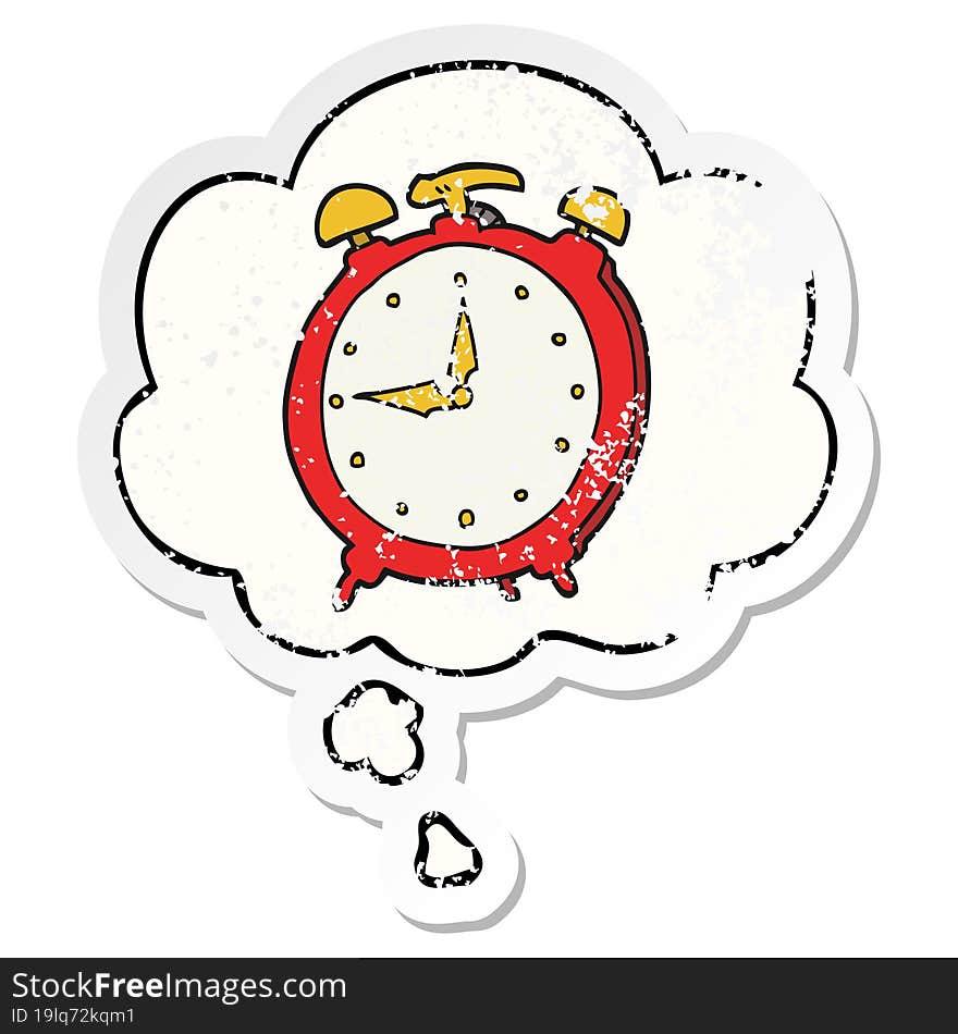 cartoon alarm clock and thought bubble as a distressed worn sticker