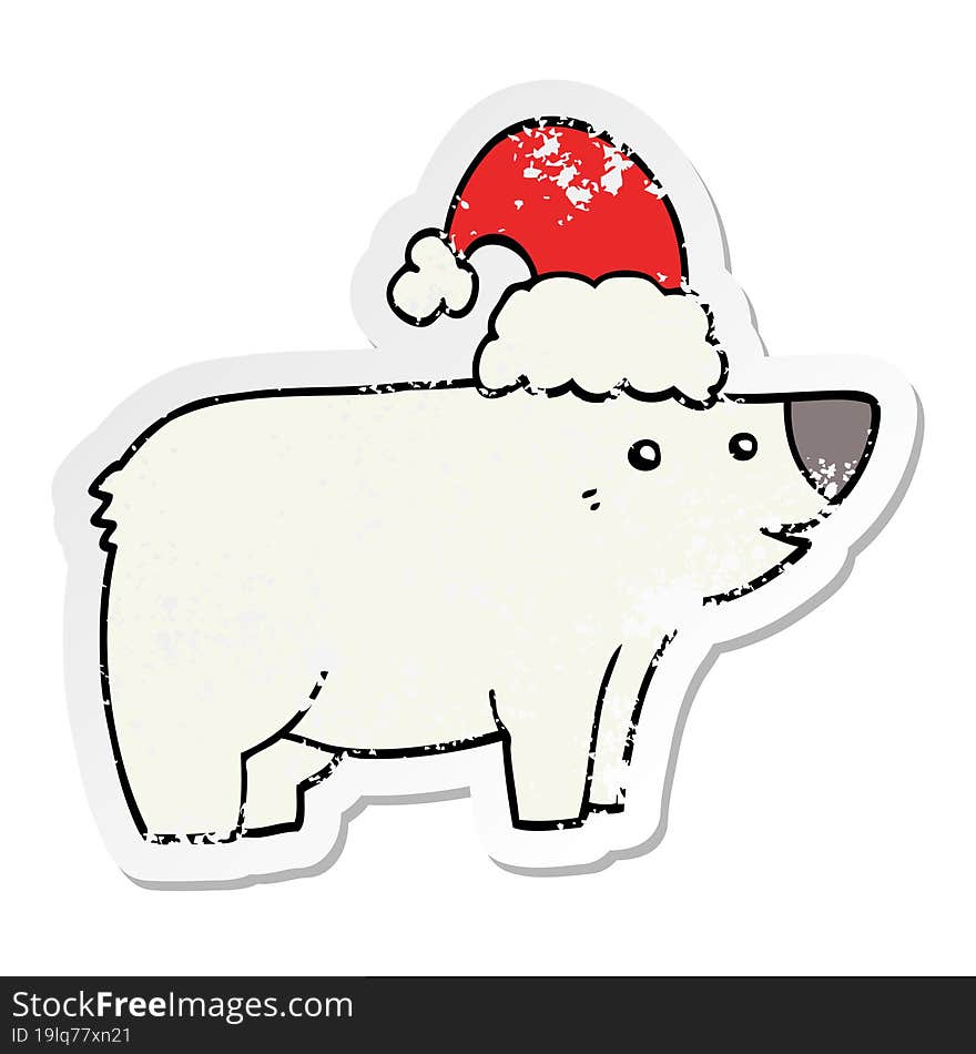 distressed sticker of a cartoon bear wearing christmas hat