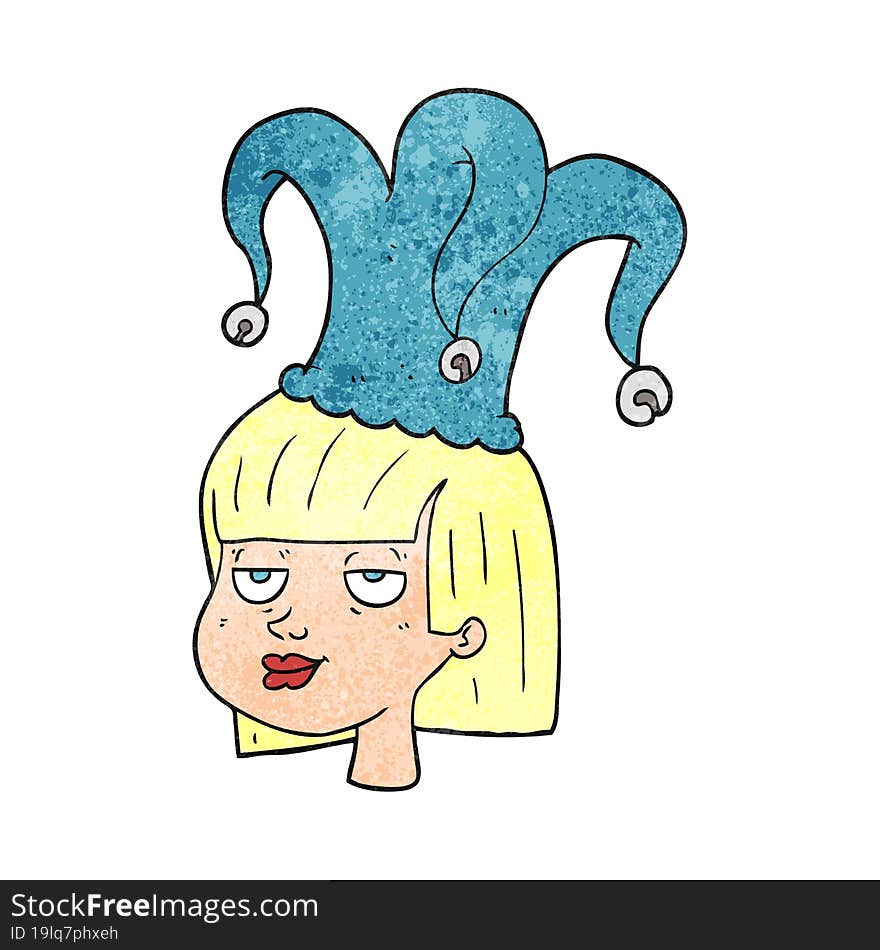 freehand textured cartoon female face with jester hat. freehand textured cartoon female face with jester hat