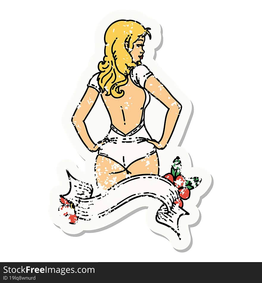 distressed sticker tattoo in traditional style of a pinup swimsuit girl with banner. distressed sticker tattoo in traditional style of a pinup swimsuit girl with banner