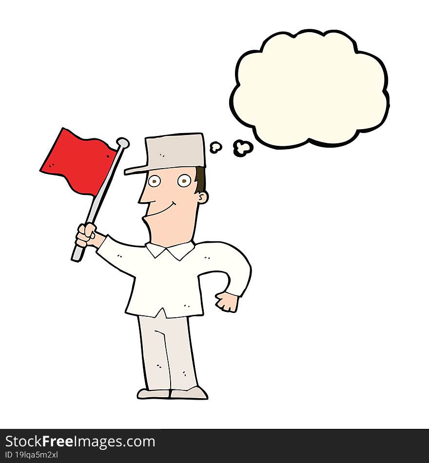 cartoon man waving flag with thought bubble