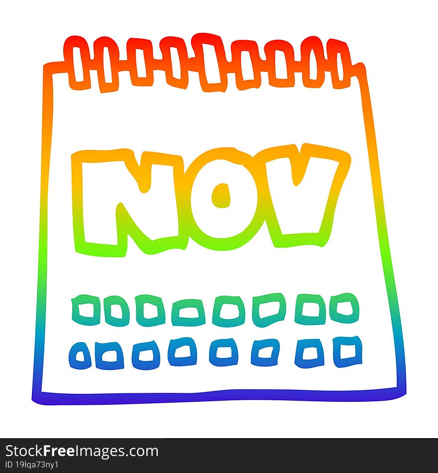 Rainbow Gradient Line Drawing Cartoon Calendar Showing Month Of November