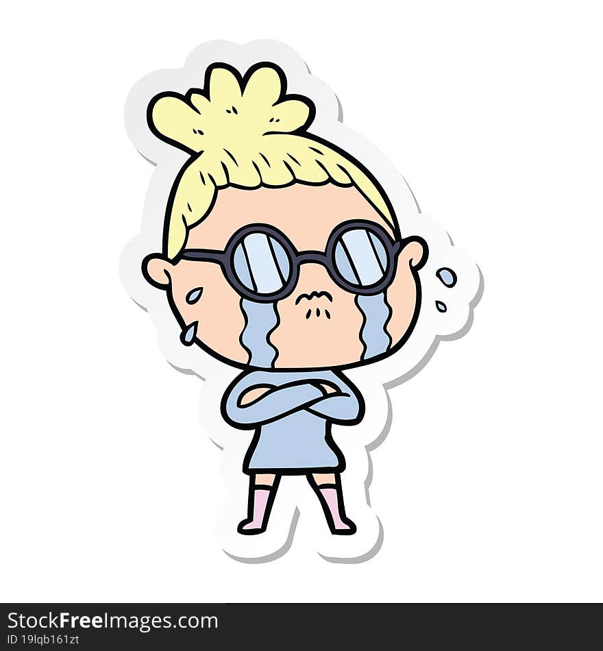 sticker of a cartoon crying woman wearing spectacles