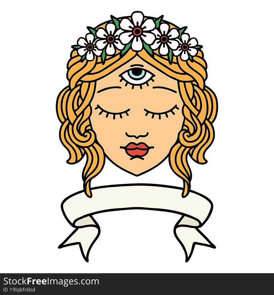 traditional tattoo with banner of female face with third eye and crown of flowers