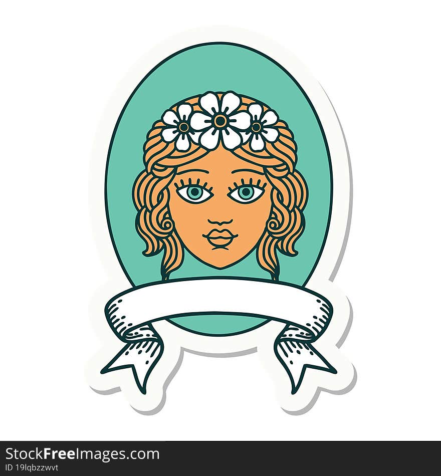 tattoo sticker with banner of a maiden with crown of flowers