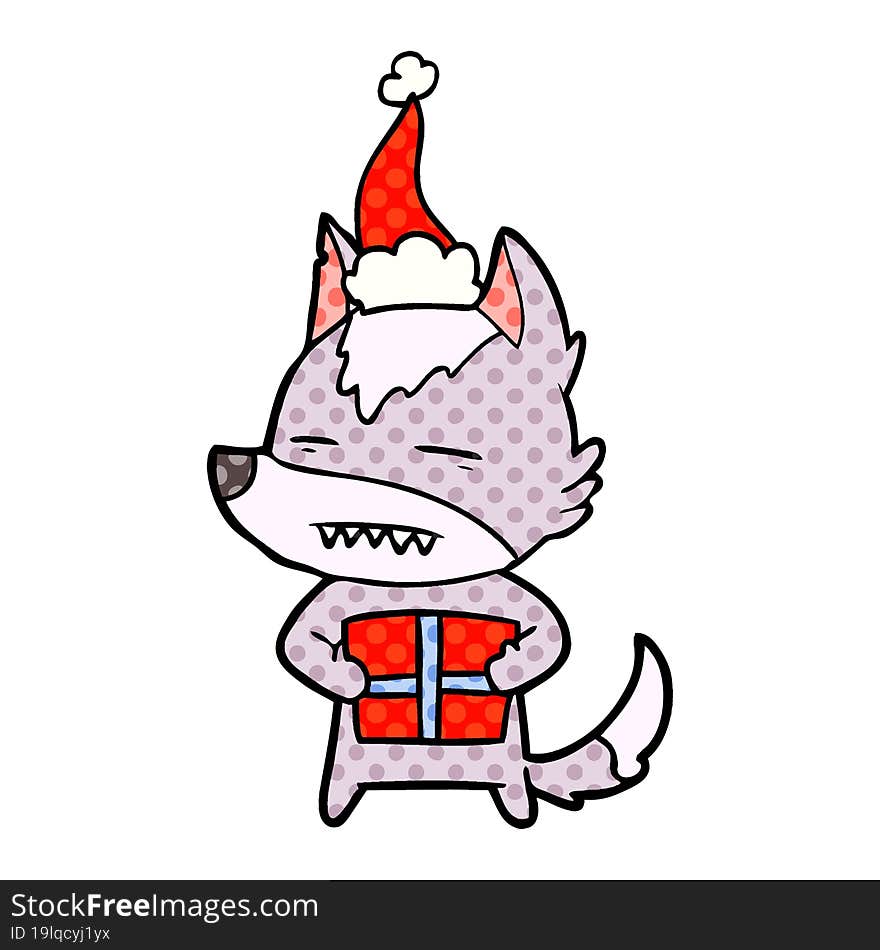 hand drawn comic book style illustration of a wolf with a gift wearing santa hat