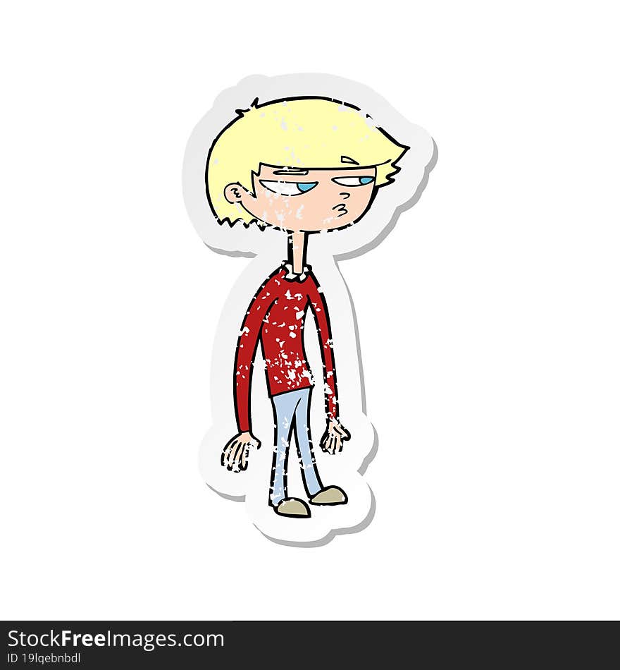 retro distressed sticker of a cartoon suspicious boy