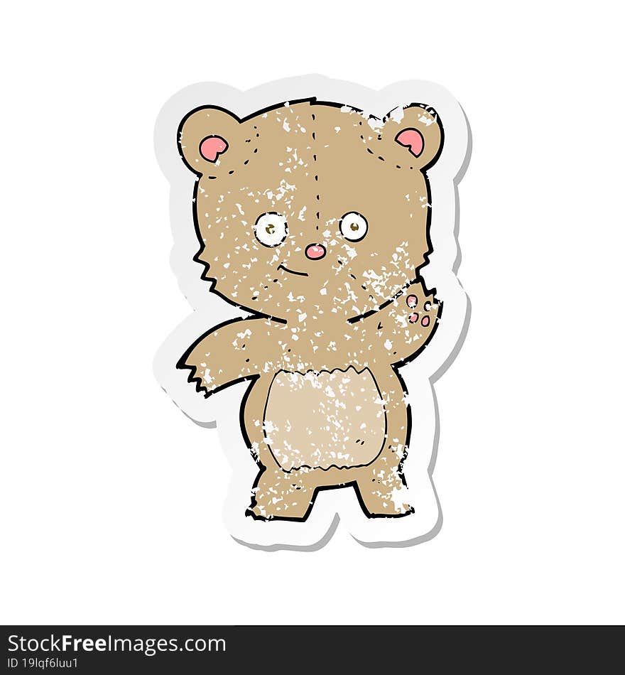 retro distressed sticker of a cartoon waving teddy bear