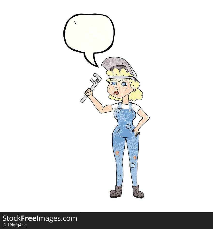 freehand speech bubble textured cartoon capable woman with wrench