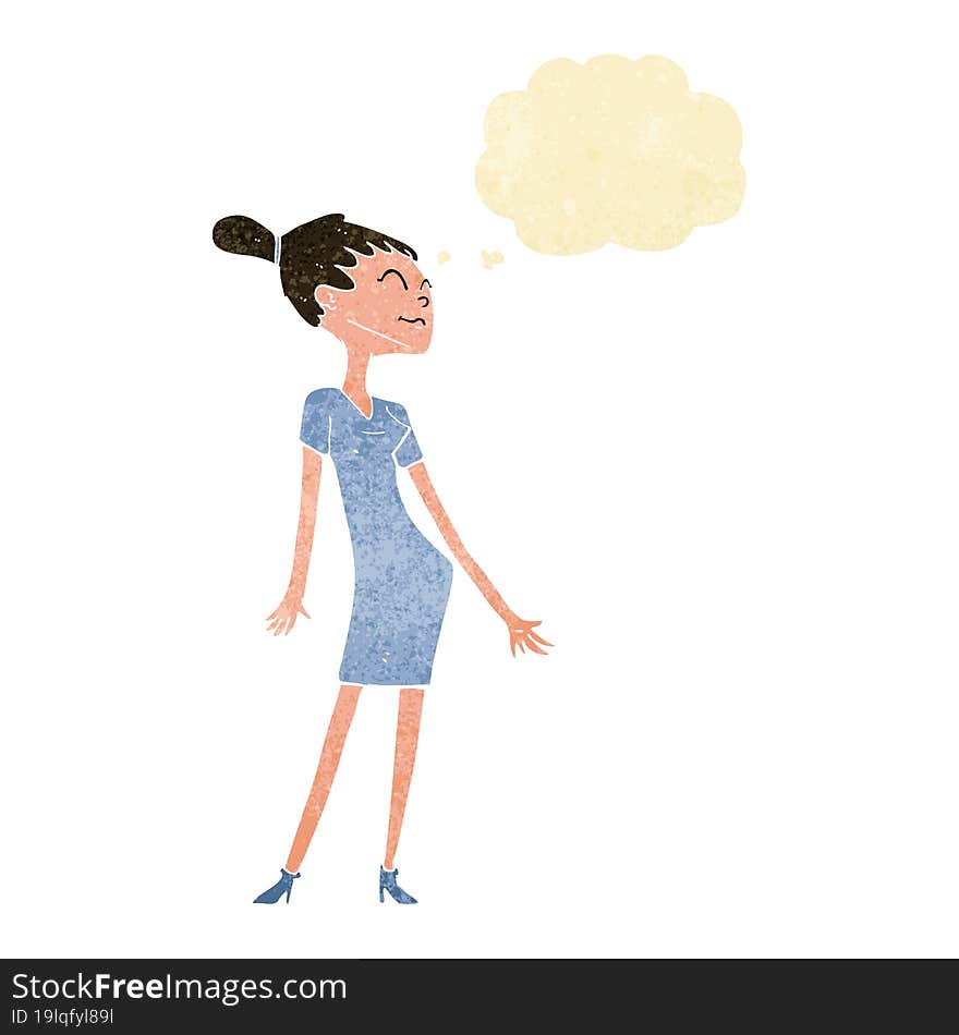 cartoon woman in dress with thought bubble