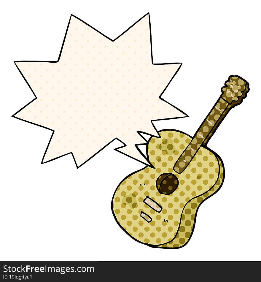 cartoon guitar and speech bubble in comic book style