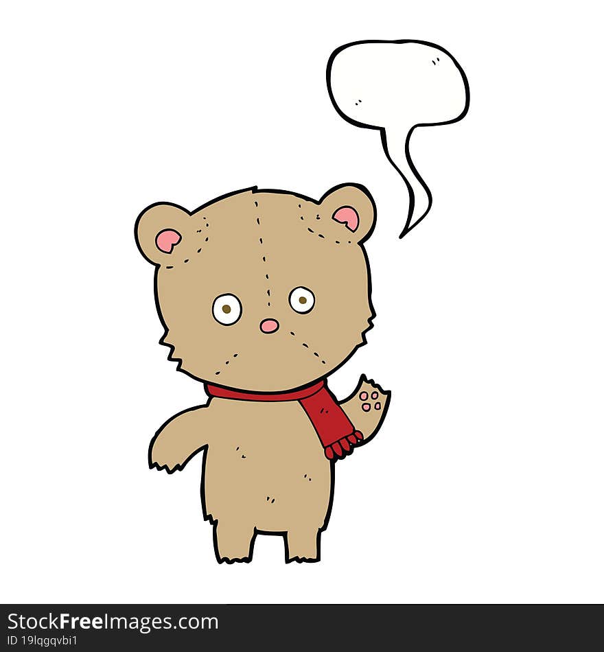 cartoon waving teddy bear with speech bubble