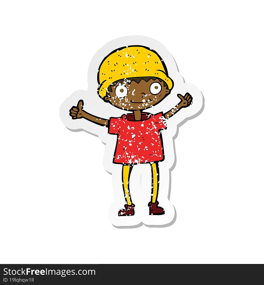 retro distressed sticker of a cartoon boy with positive attitude