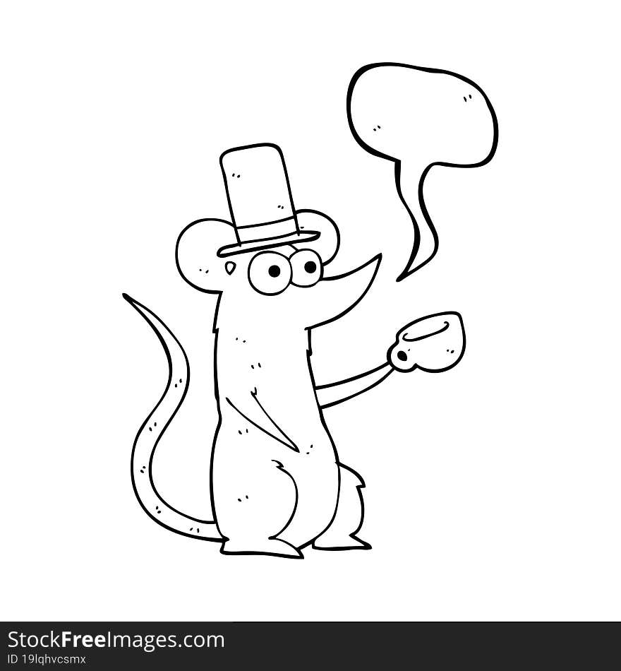 freehand drawn speech bubble cartoon mouse with cup and top hat