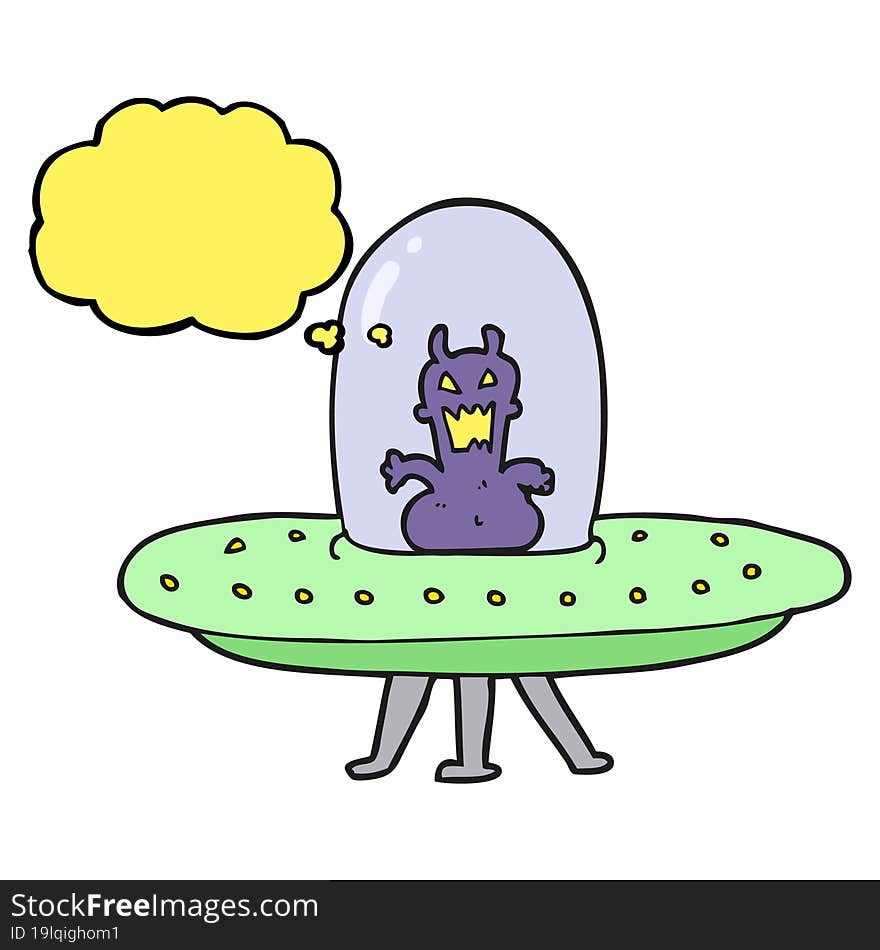 thought bubble cartoon alien in flying saucer