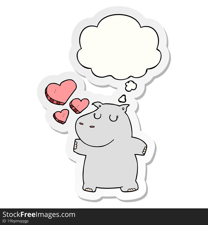 cartoon hippo in love with thought bubble as a printed sticker