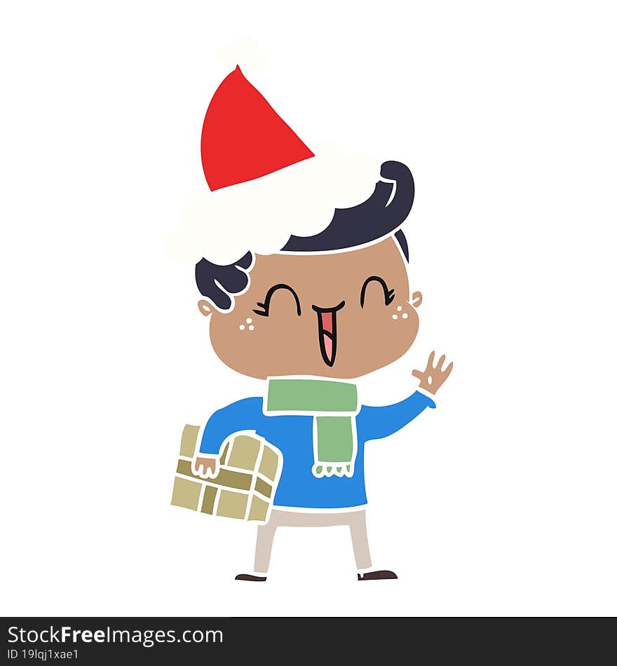 flat color illustration of a laughing boy wearing santa hat