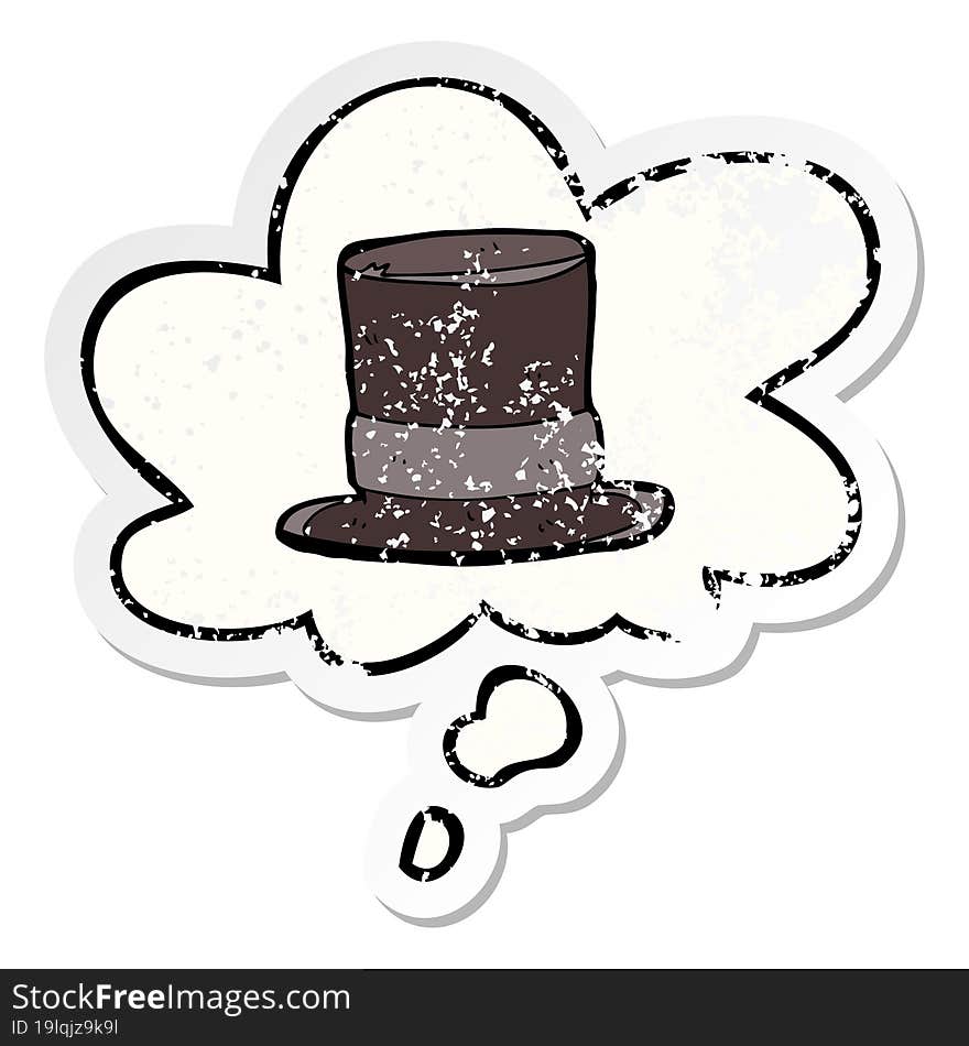 cartoon top hat and thought bubble as a distressed worn sticker