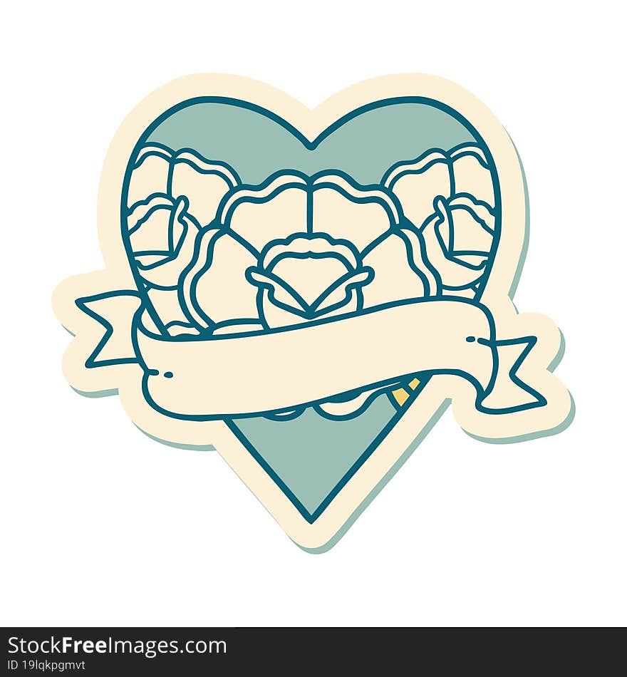 Tattoo Style Sticker Of A Heart And Banner With Flowers