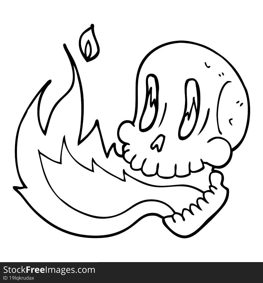 line drawing cartoon flaming skull