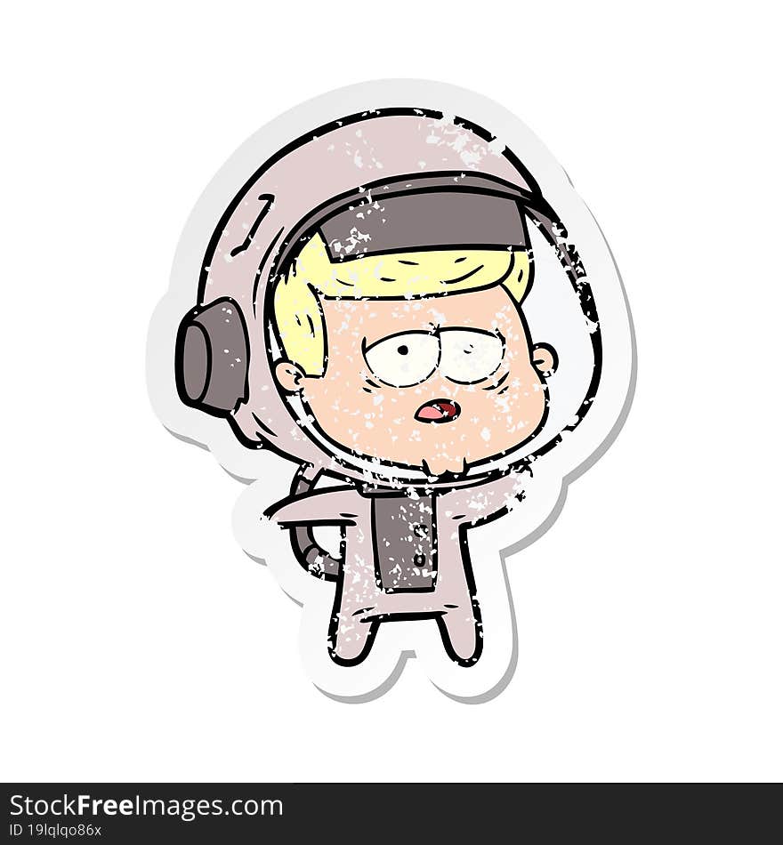 distressed sticker of a cartoon tired astronaut