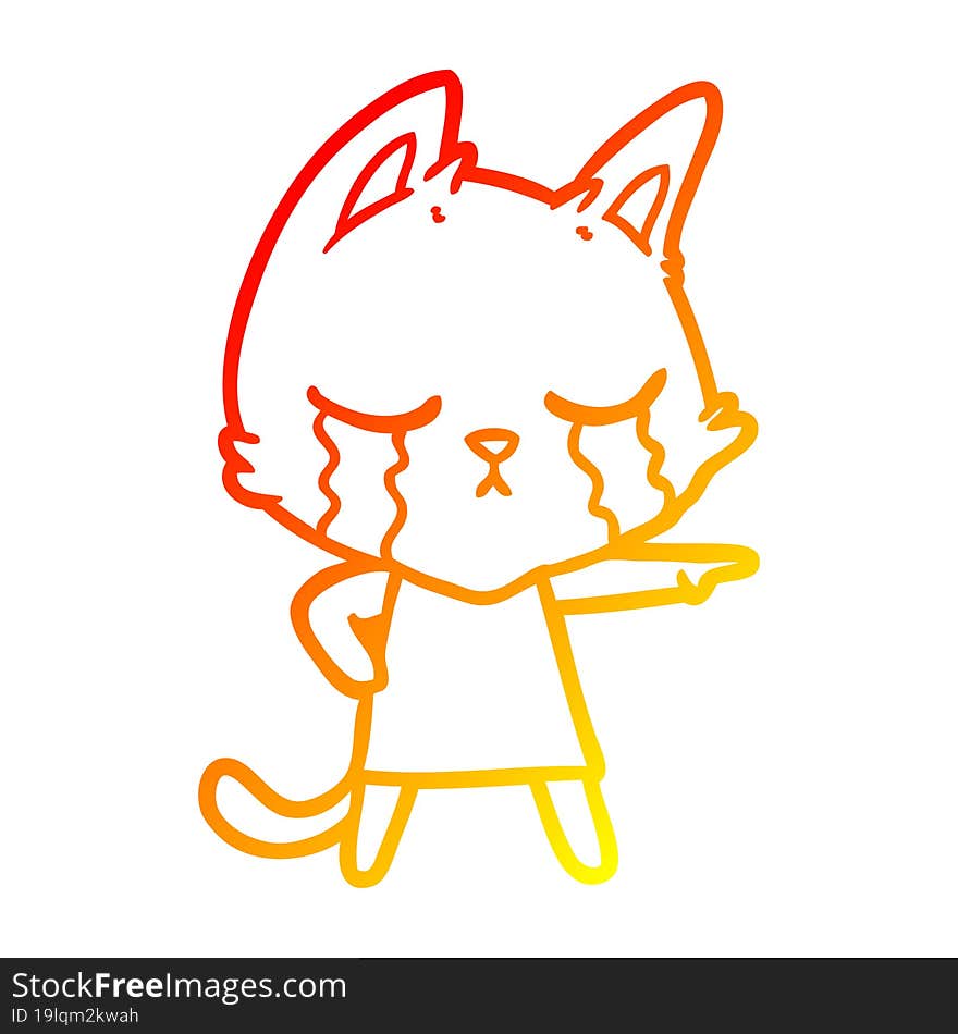 warm gradient line drawing crying cartoon cat in dress pointing