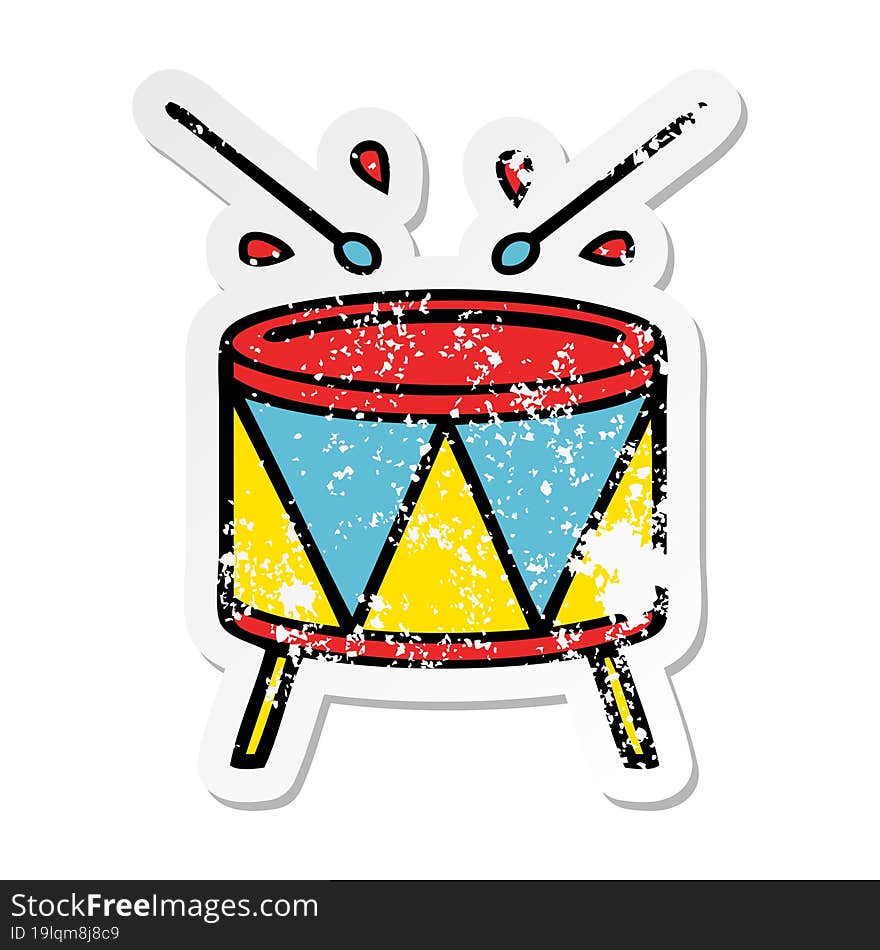 distressed sticker of a cute cartoon beating drum