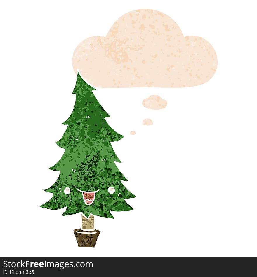 Cute Cartoon Christmas Tree And Thought Bubble In Retro Textured Style