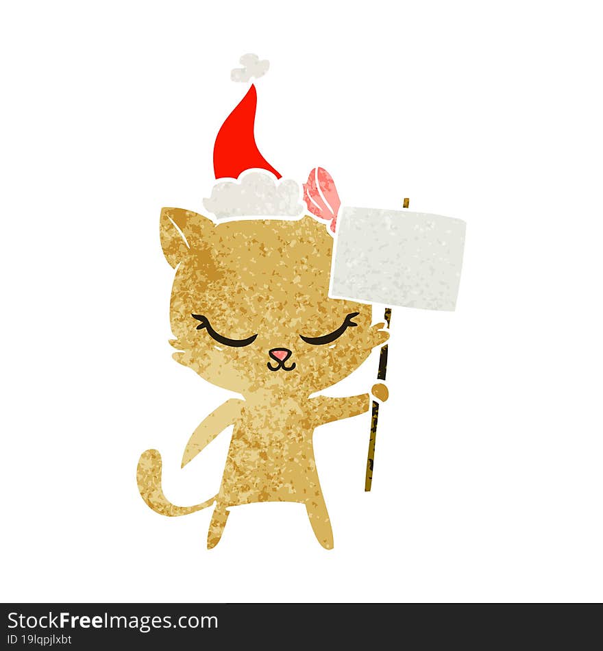 cute retro cartoon of a cat with sign wearing santa hat