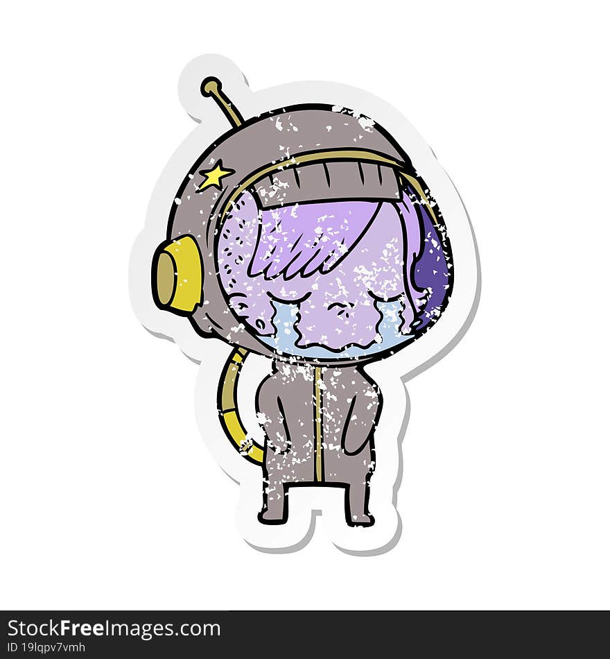 Distressed Sticker Of A Cartoon Crying Astronaut Girl