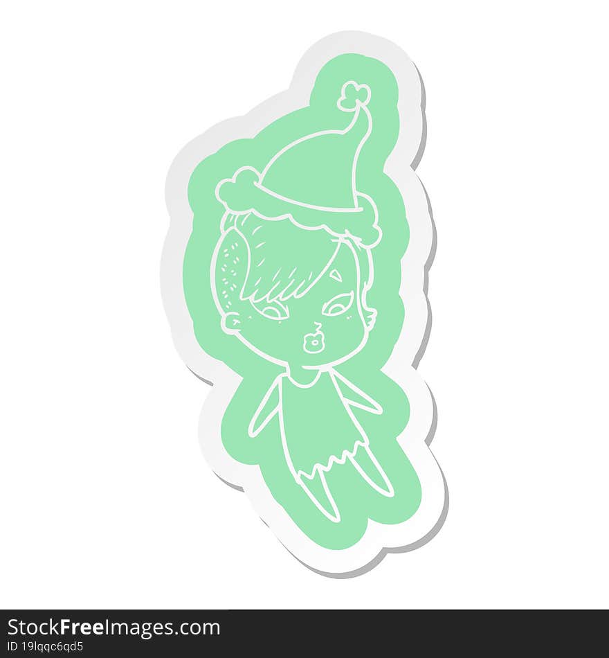 cartoon  sticker of a surprised girl wearing santa hat