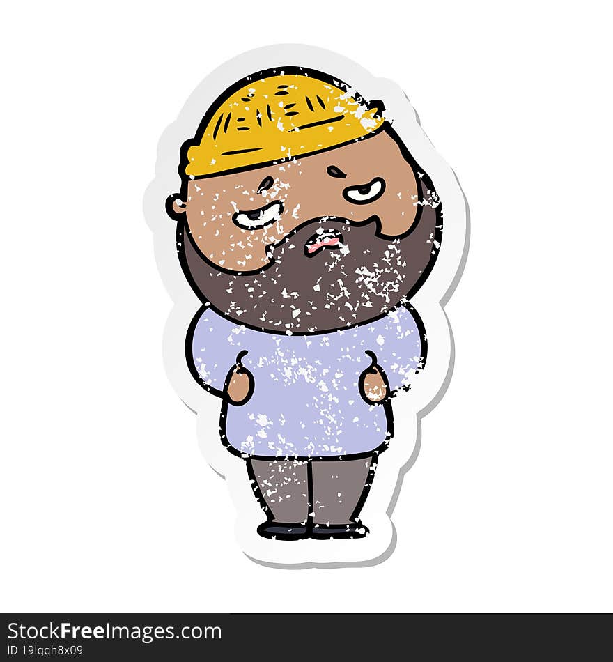 distressed sticker of a cartoon worried man with beard