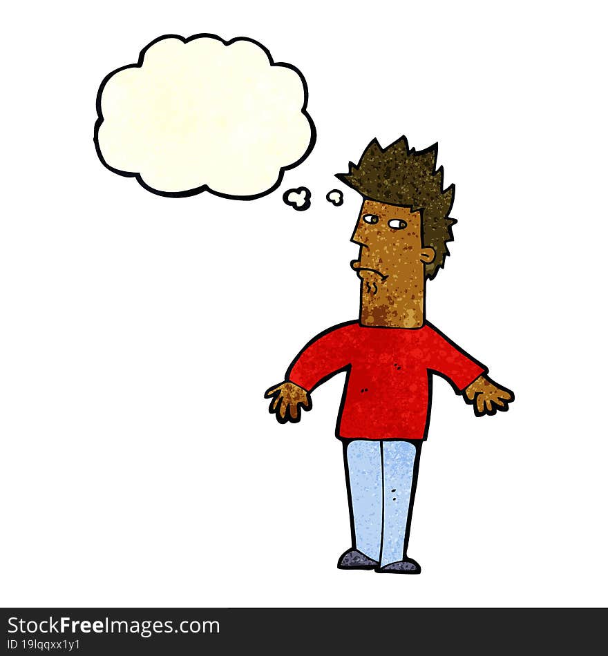 cartoon worried man with thought bubble