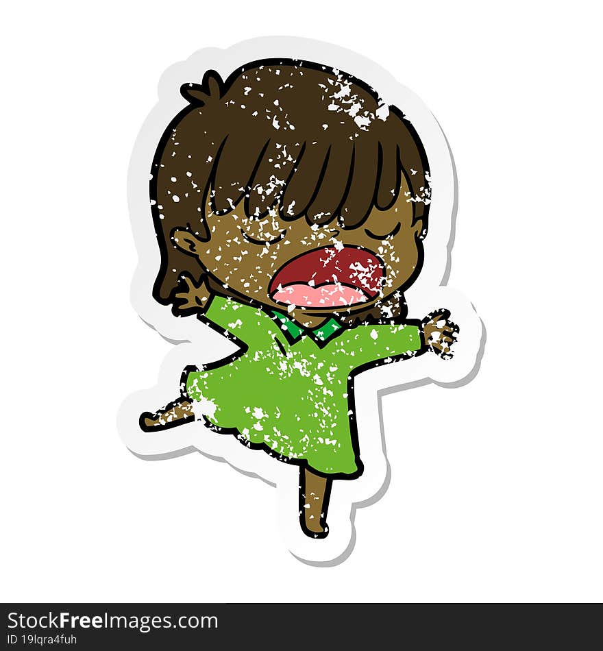 distressed sticker of a cartoon woman talking loudly