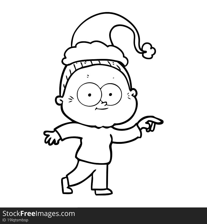 line drawing of a happy old woman wearing santa hat