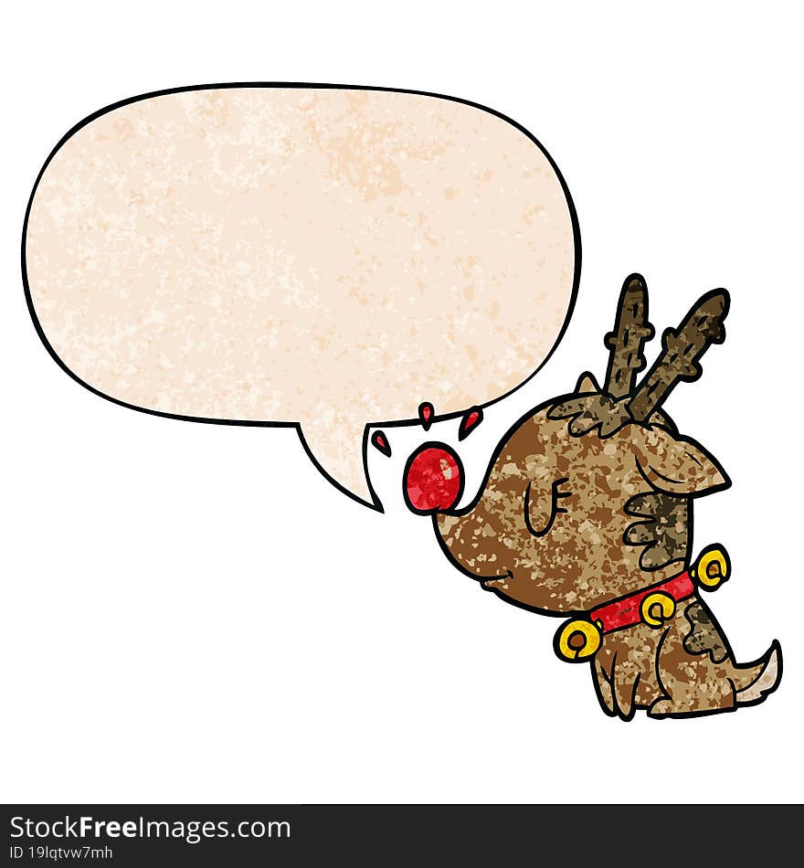 cartoon christmas reindeer with speech bubble in retro texture style