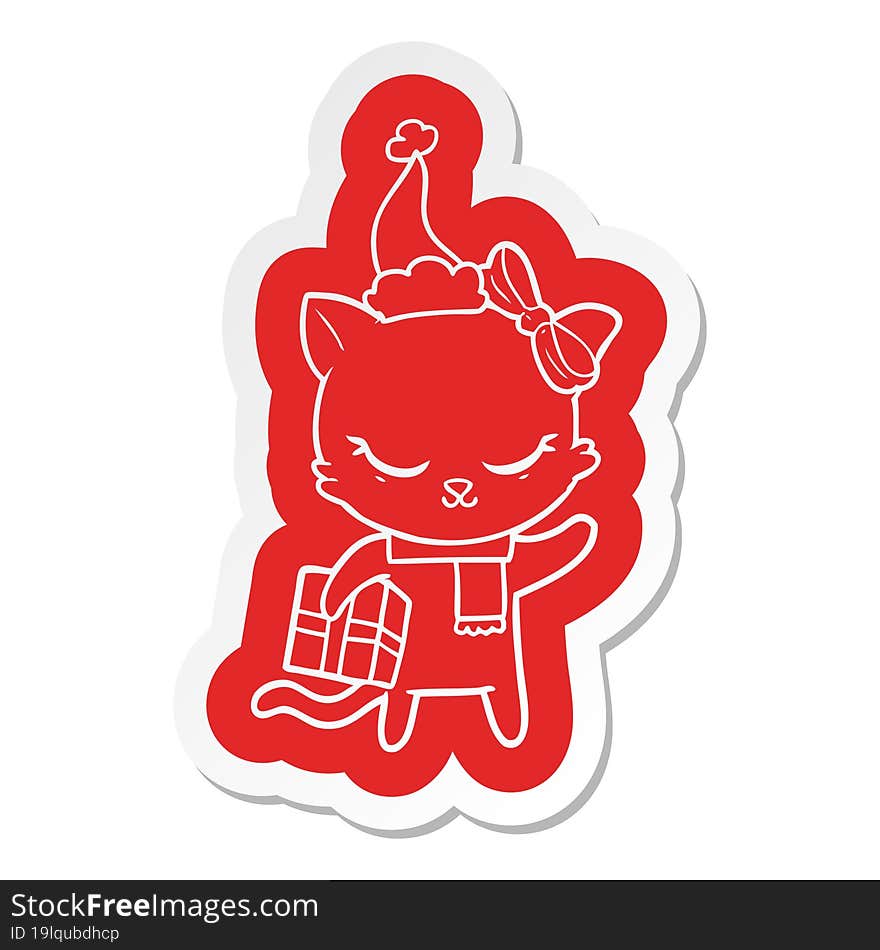 cute cartoon  sticker of a cat with present wearing santa hat