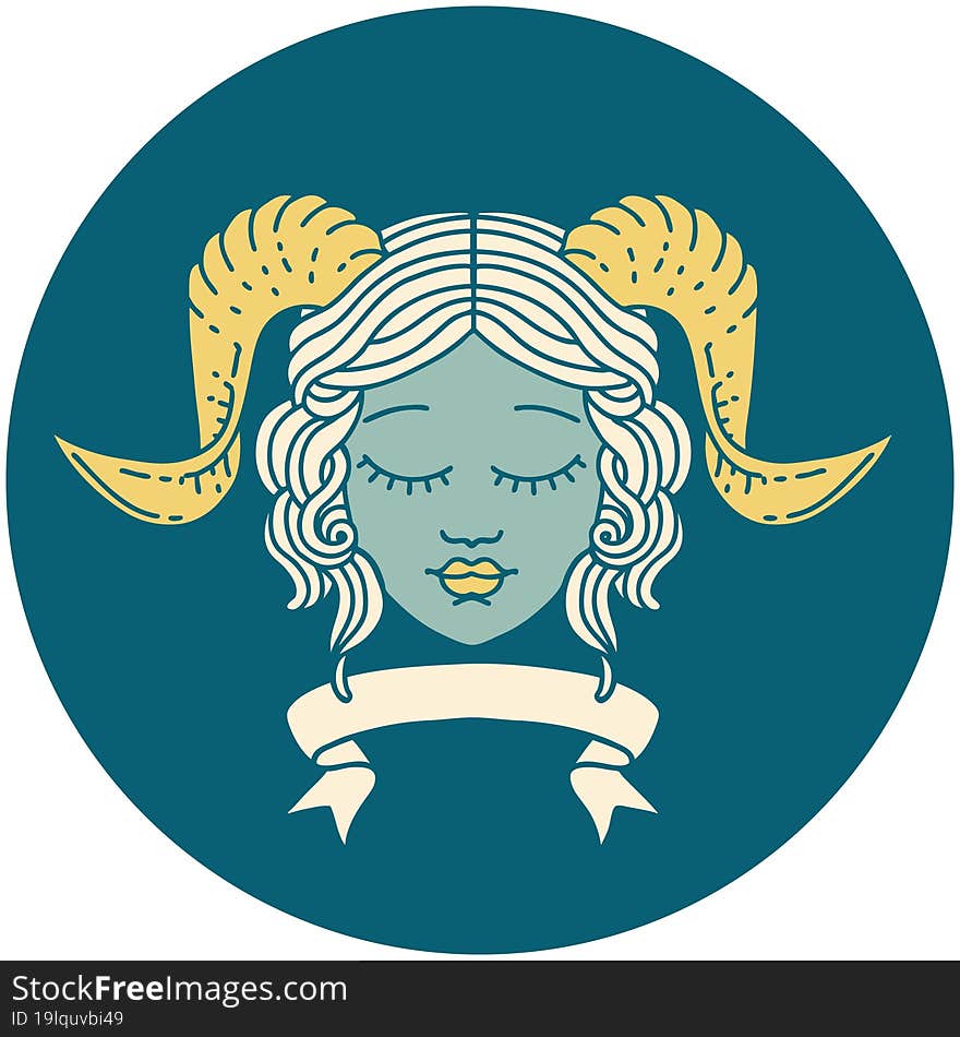 Retro Tattoo Style tiefling character face with scroll banner. Retro Tattoo Style tiefling character face with scroll banner