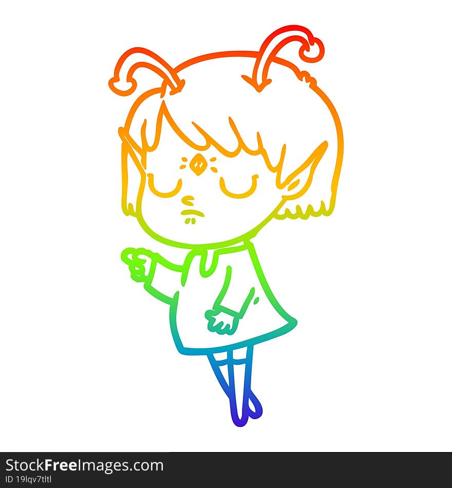 rainbow gradient line drawing of a cartoon alien girl