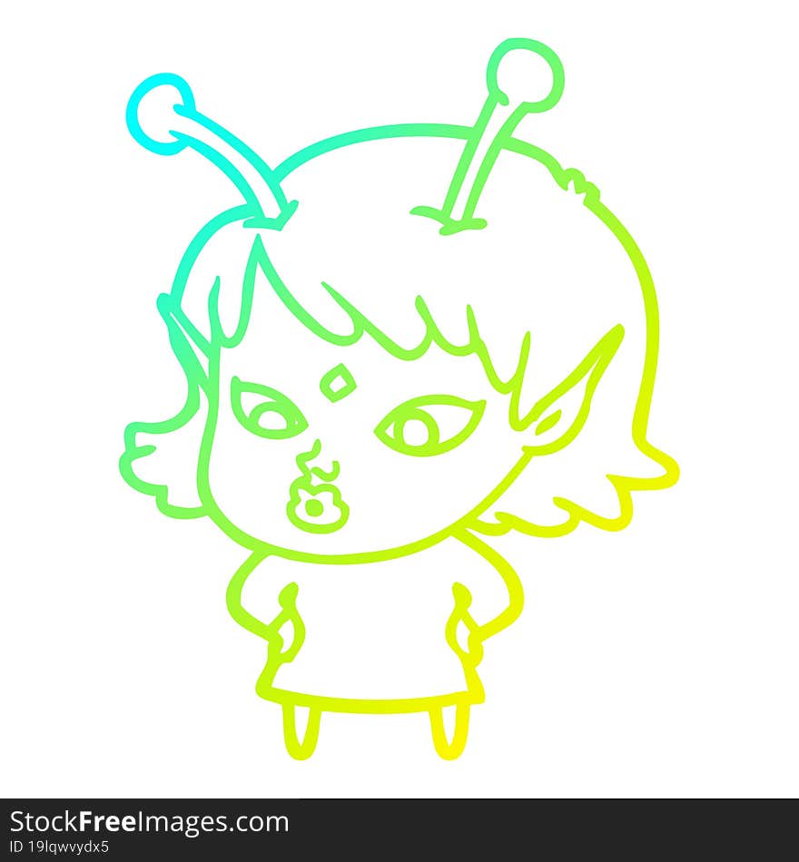 cold gradient line drawing pretty cartoon alien girl